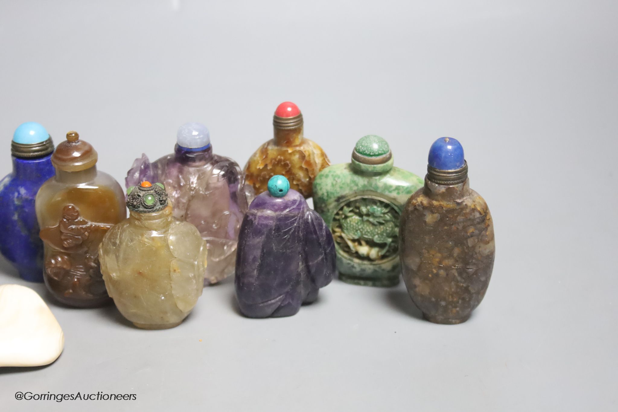 Thirteen Chinese hardstone snuff bottles, lapis turquoise eetc